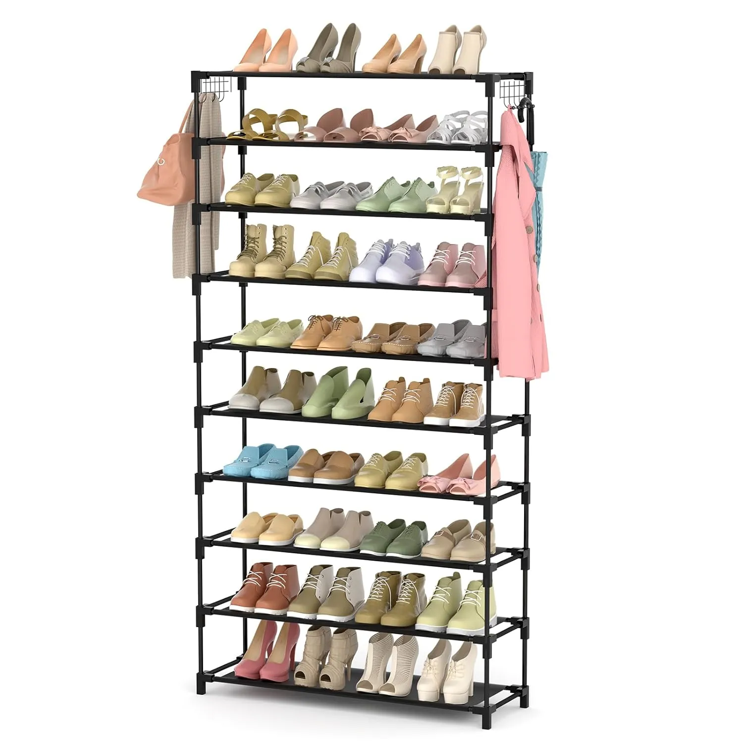 10 Tiers Shoe Rack 50 Pairs Large Capacity Tall Shoe Organizer Sturdy Shoe Storage with Two Hooks Space Saving Metal Wide Shoe Rack for Closet, Entryway, Bedroom, Black