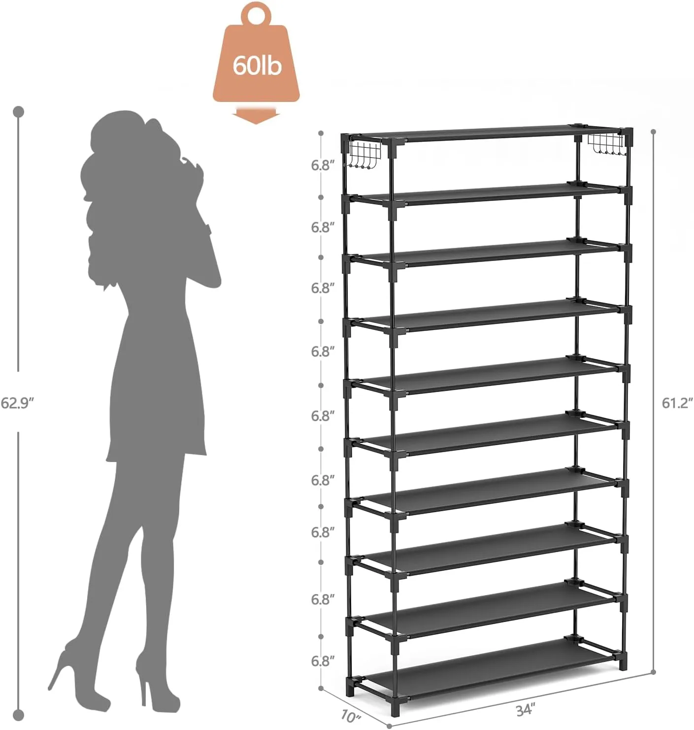 10 Tiers Shoe Rack 50 Pairs Large Capacity Tall Shoe Organizer Sturdy Shoe Storage with Two Hooks Space Saving Metal Wide Shoe Rack for Closet, Entryway, Bedroom, Black