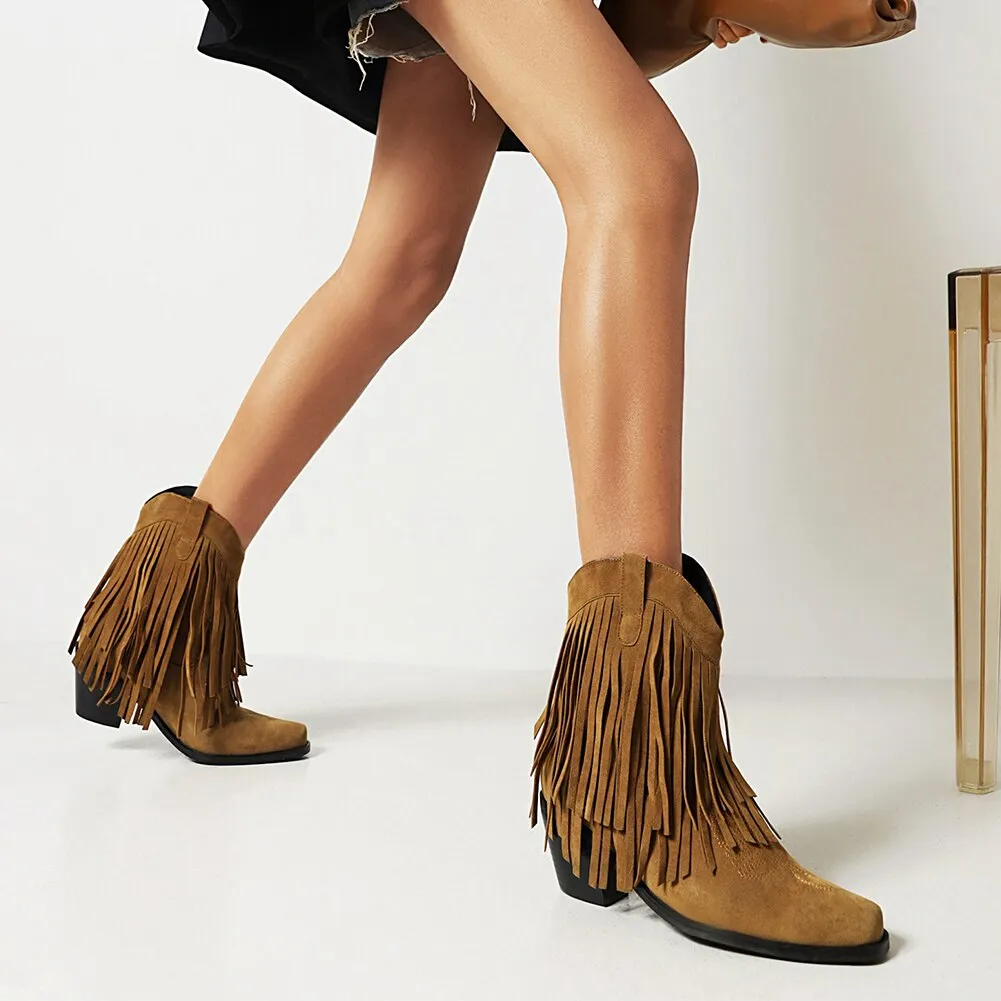 2023 Women 's Flock Tassel Fringes Western Cowboy Ankle Boots Slip On Frosted  Square Heels Cowgirl Women's Shoes