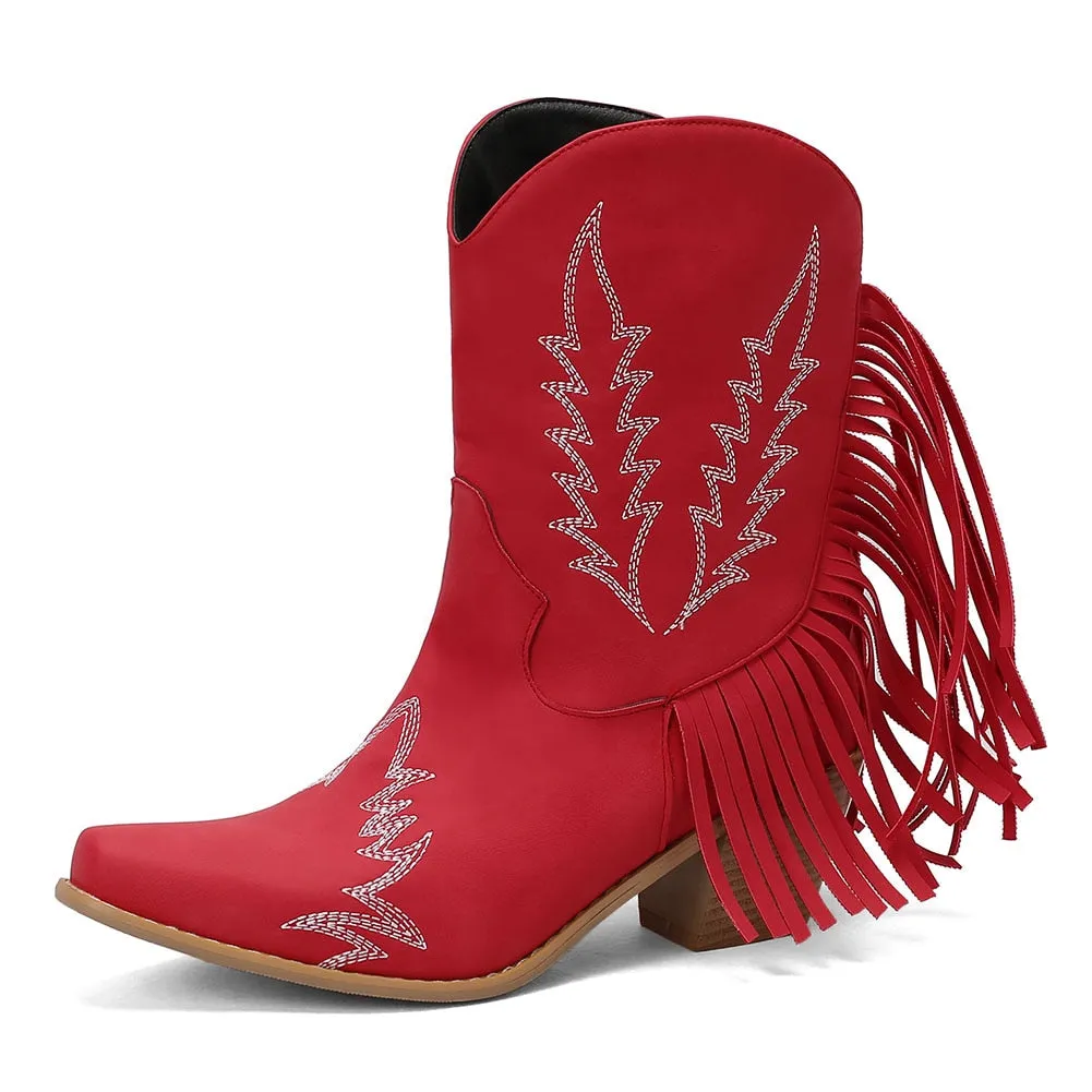 2023 Women 's Flock Tassel Fringes Western Cowboy Ankle Boots Slip On Frosted  Square Heels Cowgirl Women's Shoes