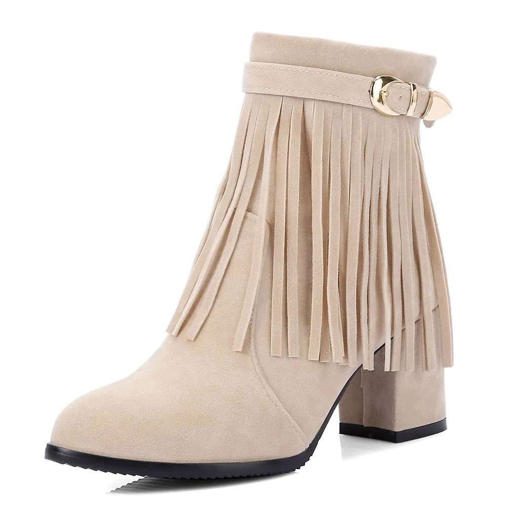 2023 Women 's Flock Tassel Fringes Western Cowboy Ankle Boots Slip On Frosted  Square Heels Cowgirl Women's Shoes