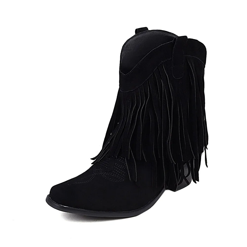 2023 Women 's Flock Tassel Fringes Western Cowboy Ankle Boots Slip On Frosted  Square Heels Cowgirl Women's Shoes