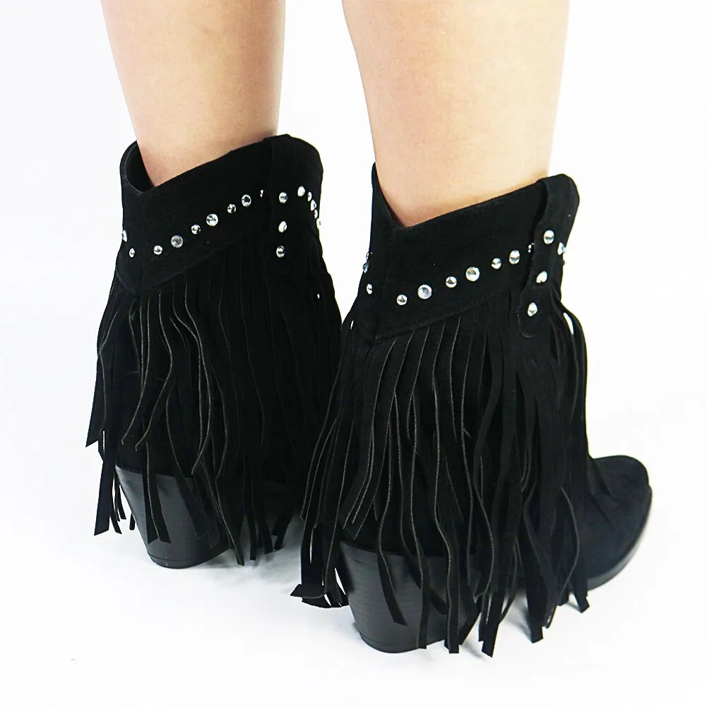 2023 Women 's Flock Tassel Fringes Western Cowboy Ankle Boots Slip On Frosted  Square Heels Cowgirl Women's Shoes