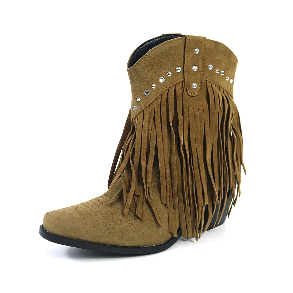 2023 Women 's Flock Tassel Fringes Western Cowboy Ankle Boots Slip On Frosted  Square Heels Cowgirl Women's Shoes