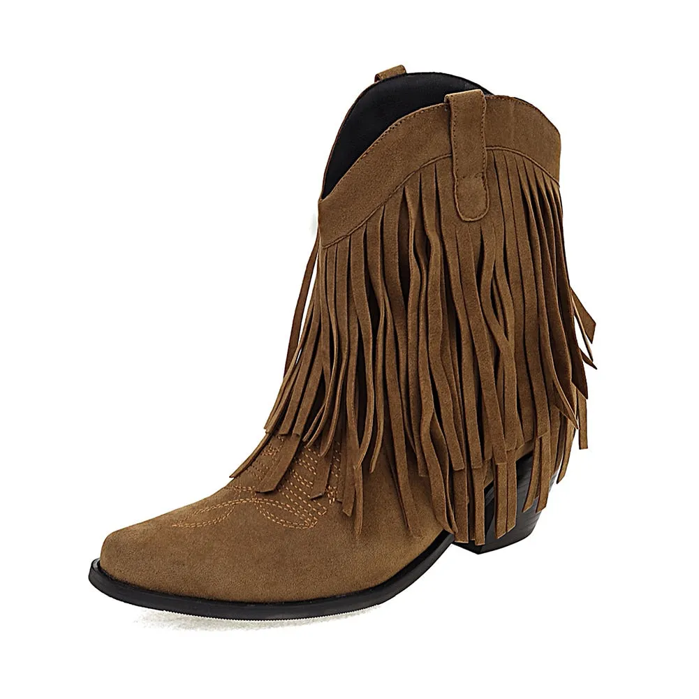 2023 Women 's Flock Tassel Fringes Western Cowboy Ankle Boots Slip On Frosted  Square Heels Cowgirl Women's Shoes