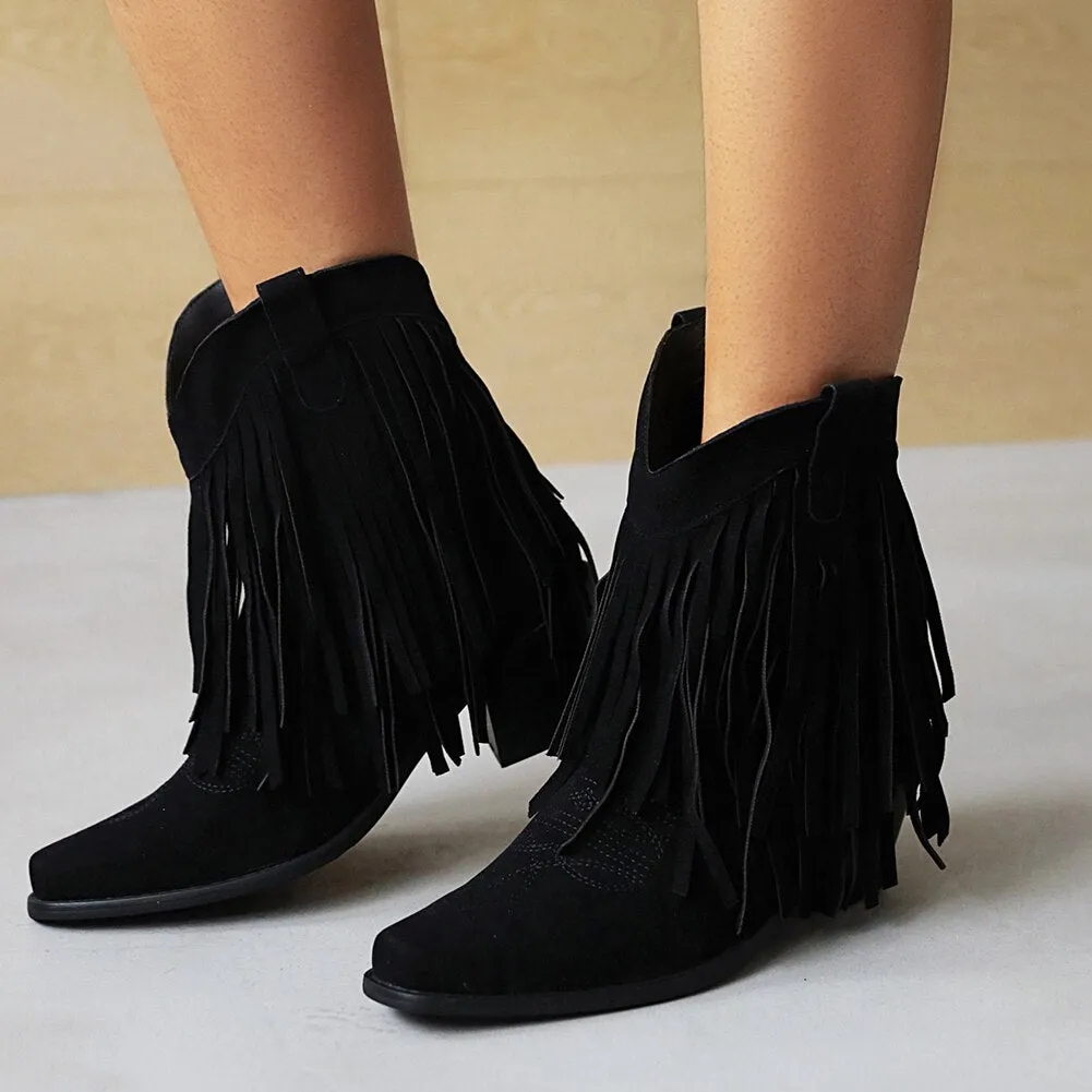 2023 Women 's Flock Tassel Fringes Western Cowboy Ankle Boots Slip On Frosted  Square Heels Cowgirl Women's Shoes