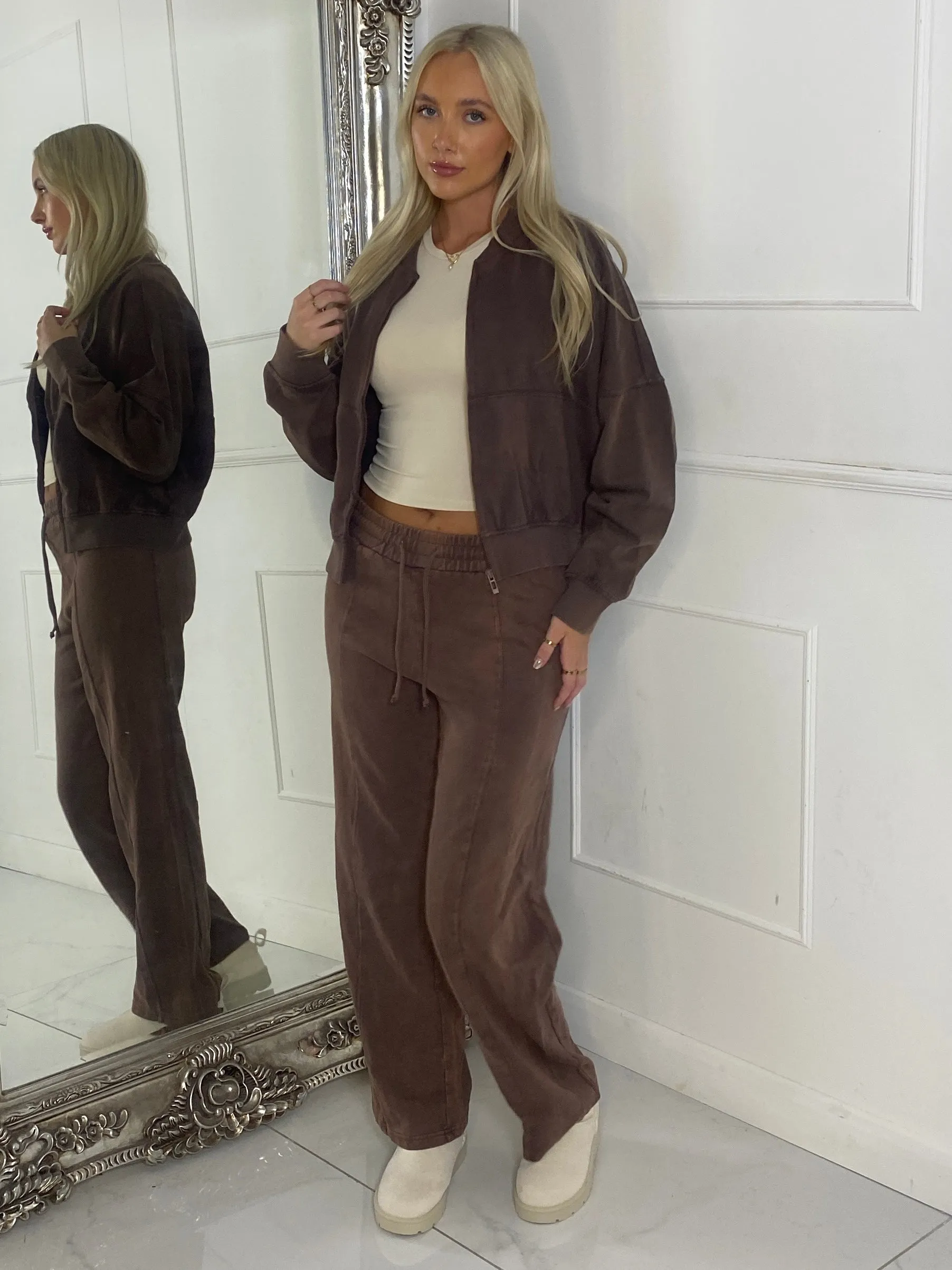 Acid Wash Bomber Jacket & Jogger Tracksuit - Chocolate