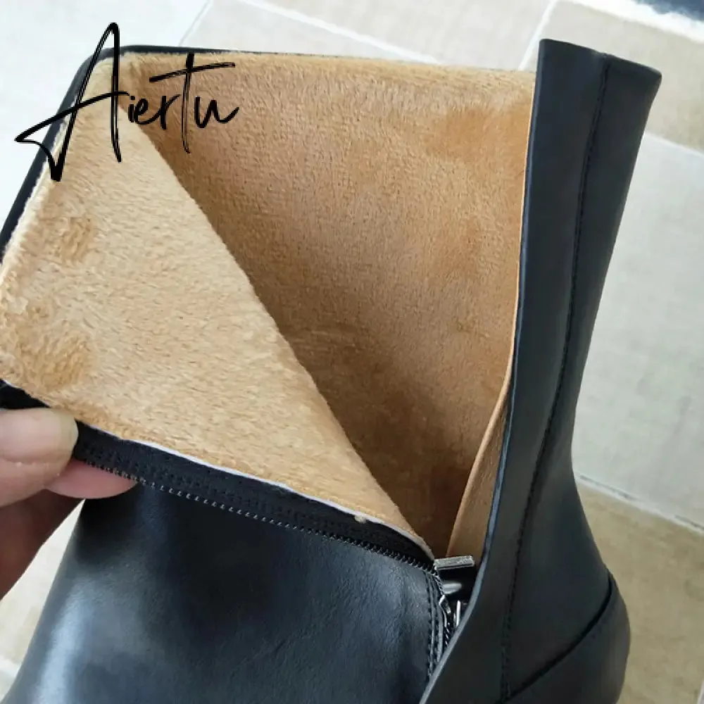 Aiertu Luxury Brand Designer Split Toe Ankle Boots New Fashion Chunky Round High Heels Women Boots Winter Tabi Shoes Short Boots