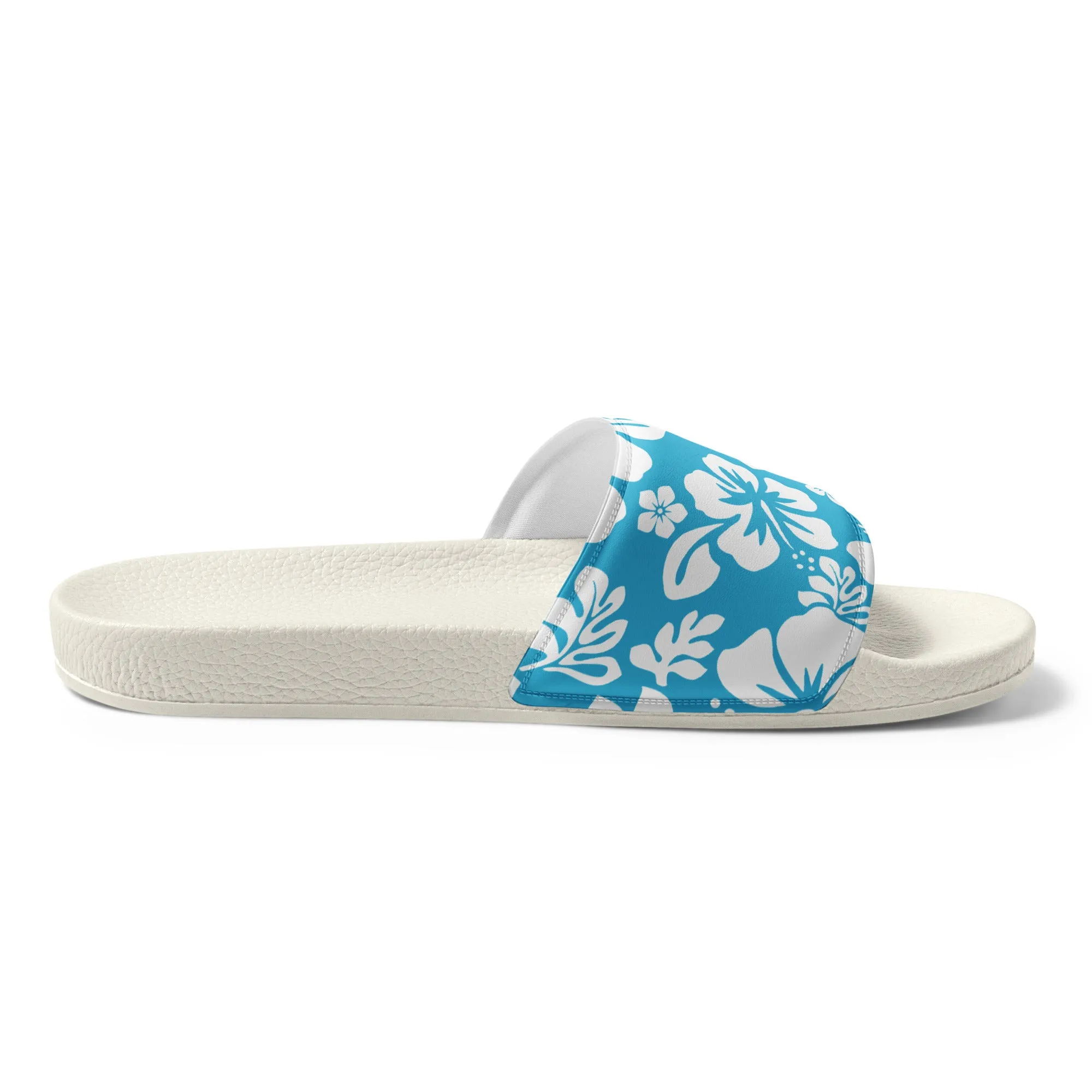 Aqua Blue and White Hawaiian Flowers Men’s Slides Sandals