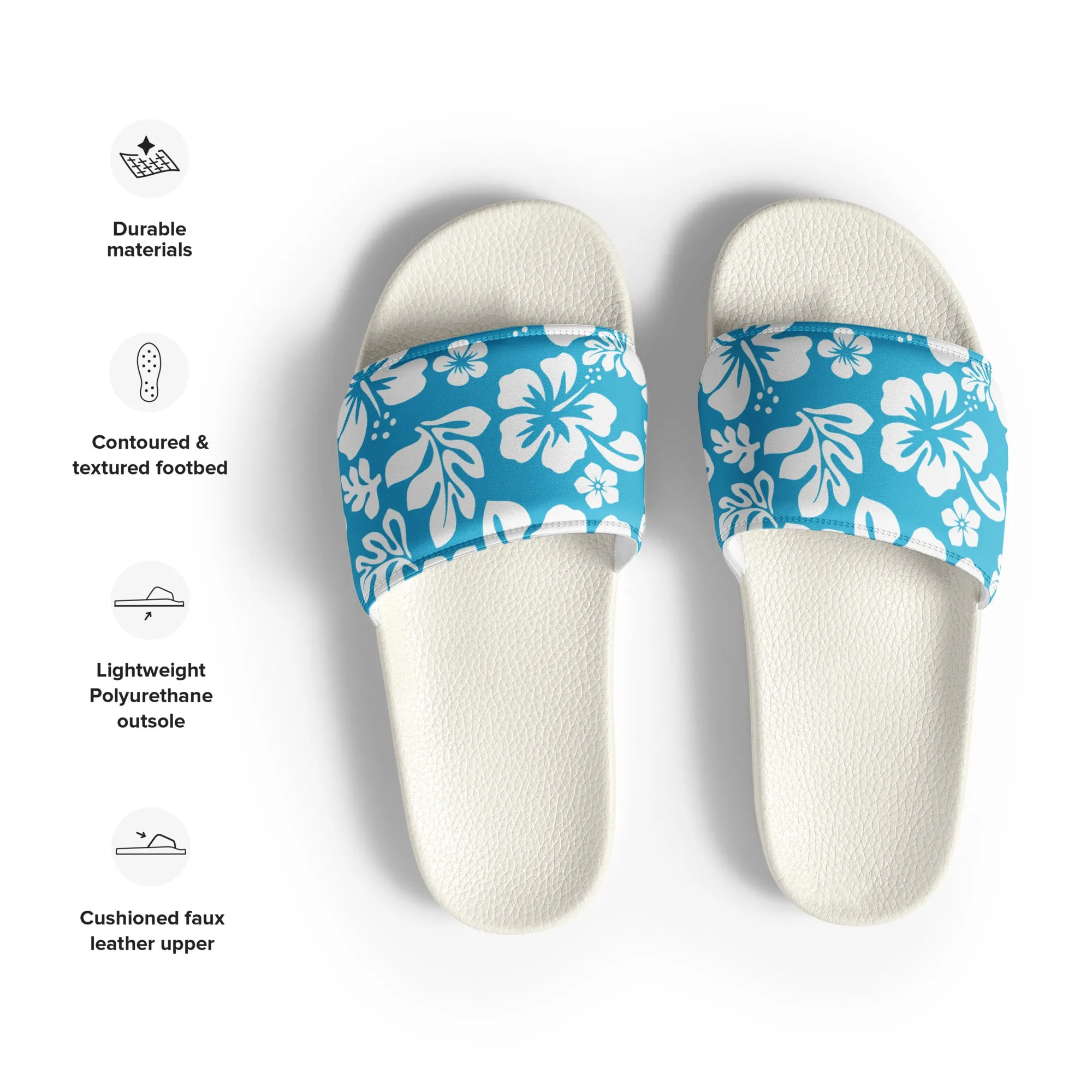 Aqua Blue and White Hawaiian Flowers Men’s Slides Sandals