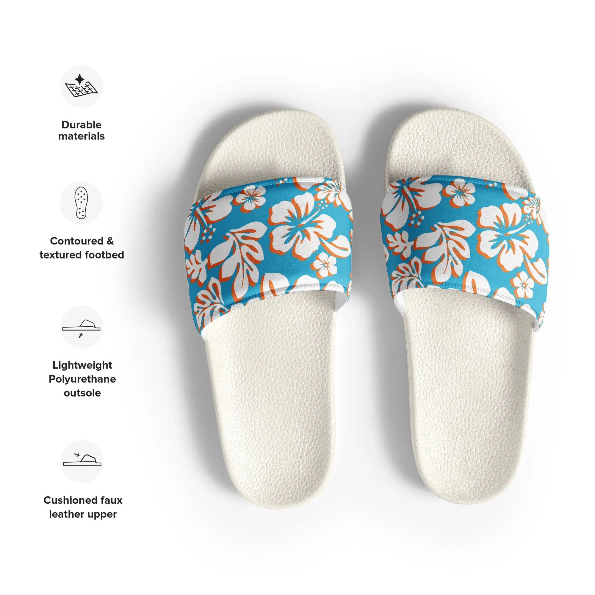 Aqua Blue, Orange and White Hawaiian Flowers Men’s Slides Sandals