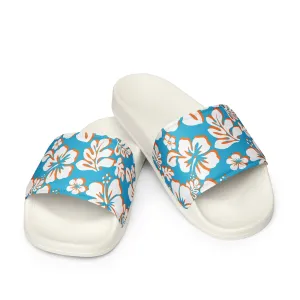 Aqua Blue, Orange and White Hawaiian Flowers Men’s Slides Sandals