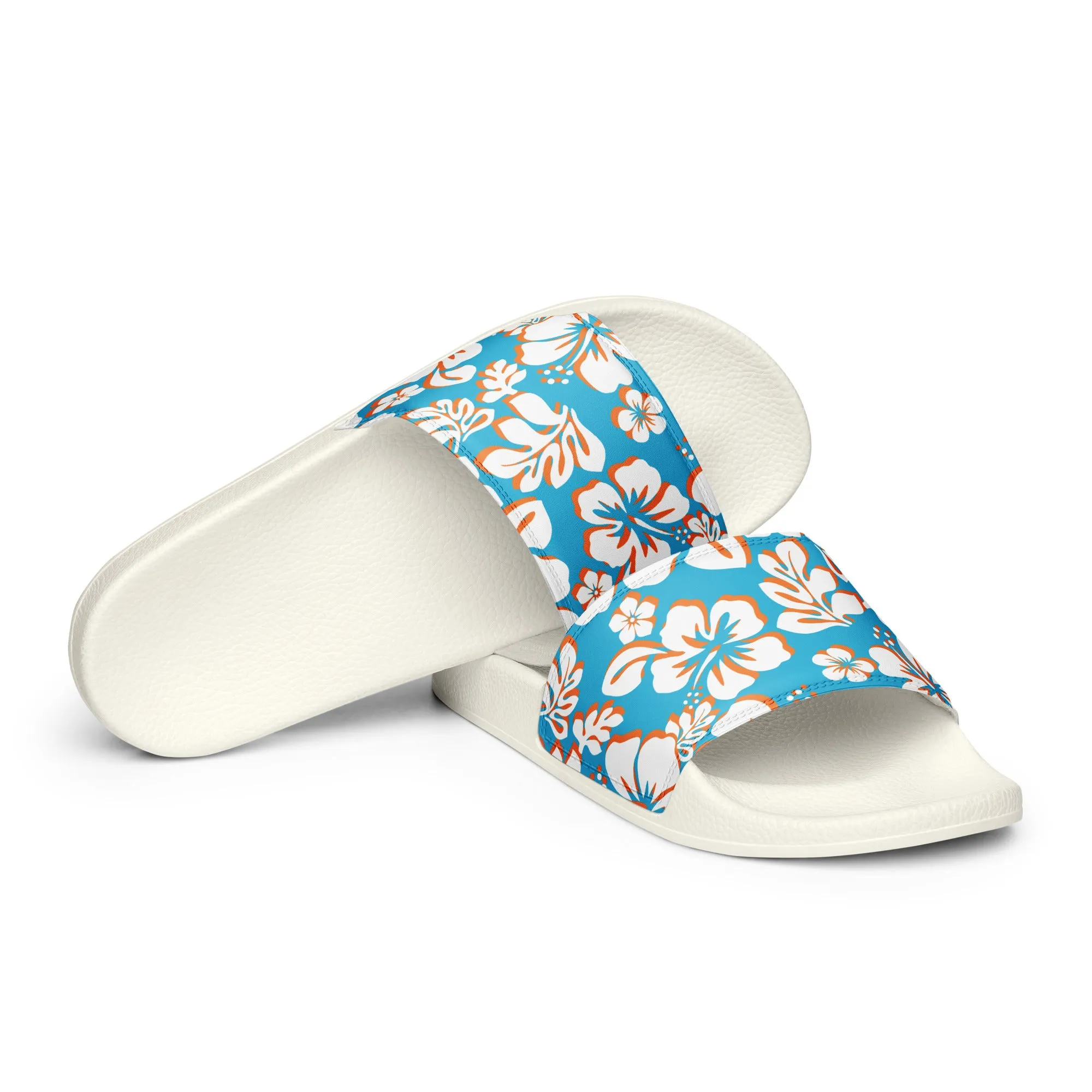 Aqua Blue, Orange and White Hawaiian Flowers Men’s Slides Sandals