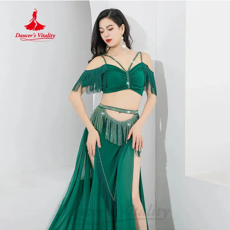 Bellydance Practice Clothes Customized V-neck Sleeveless Top AB Stones Tassel Long Skirt 2pcs Belly Dance Performance Costumes