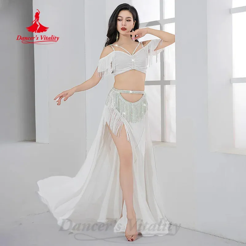 Bellydance Practice Clothes Customized V-neck Sleeveless Top AB Stones Tassel Long Skirt 2pcs Belly Dance Performance Costumes