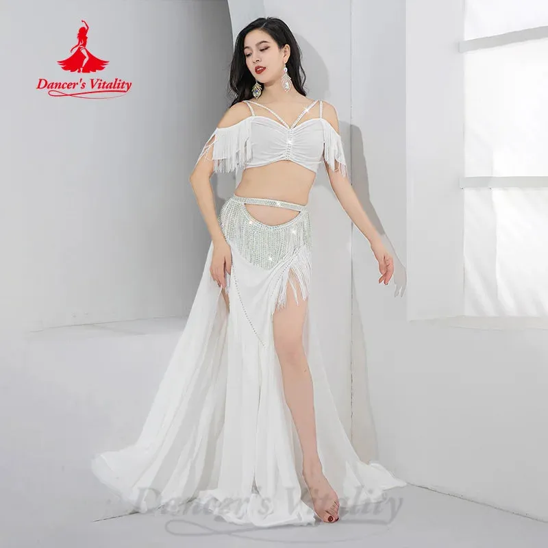 Bellydance Practice Clothes Customized V-neck Sleeveless Top AB Stones Tassel Long Skirt 2pcs Belly Dance Performance Costumes