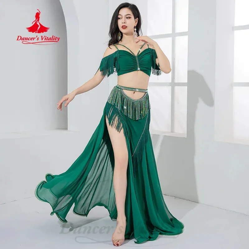 Bellydance Practice Clothes Customized V-neck Sleeveless Top AB Stones Tassel Long Skirt 2pcs Belly Dance Performance Costumes