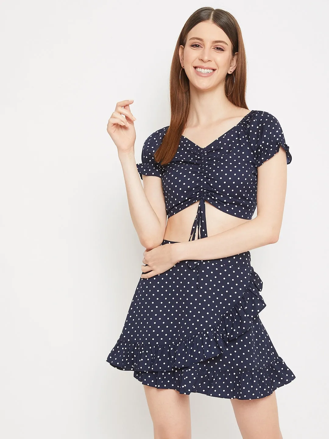 Berrylush Women Navy Blue Polka Dot Printed Fit and Flare Dress