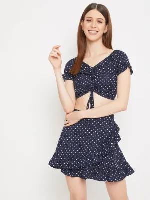 Berrylush Women Navy Blue Polka Dot Printed Fit and Flare Dress