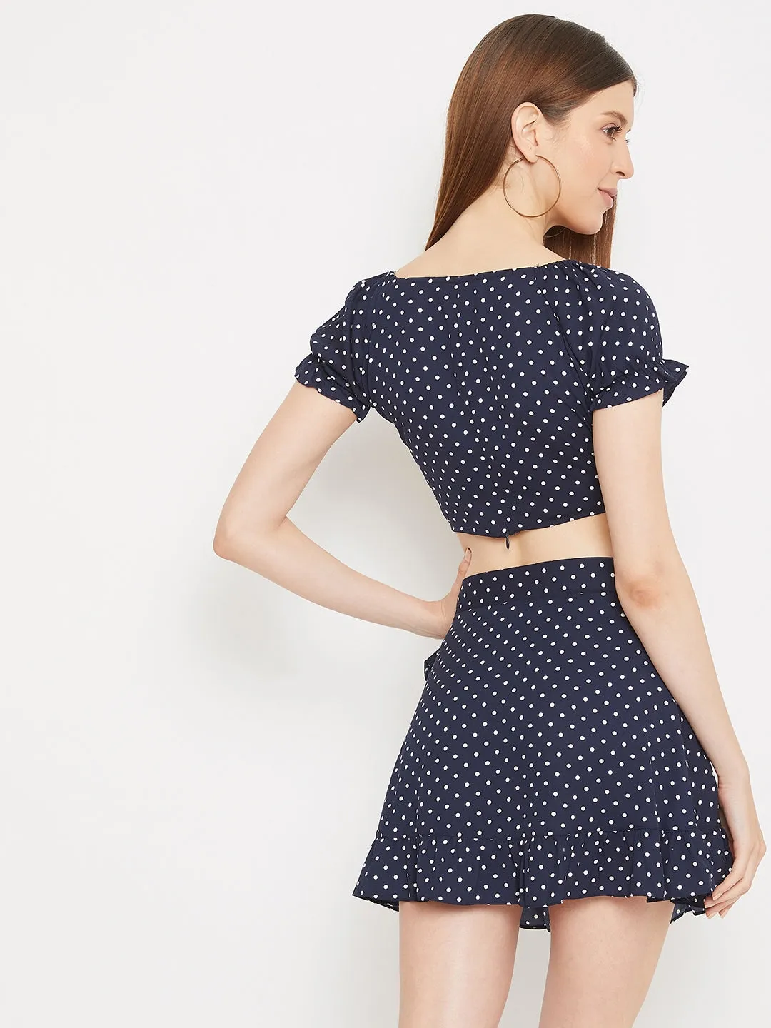 Berrylush Women Navy Blue Polka Dot Printed Fit and Flare Dress