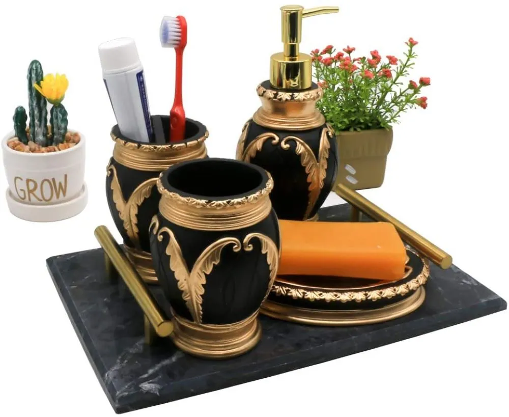 Black and Gold Bathroom Accessory Set