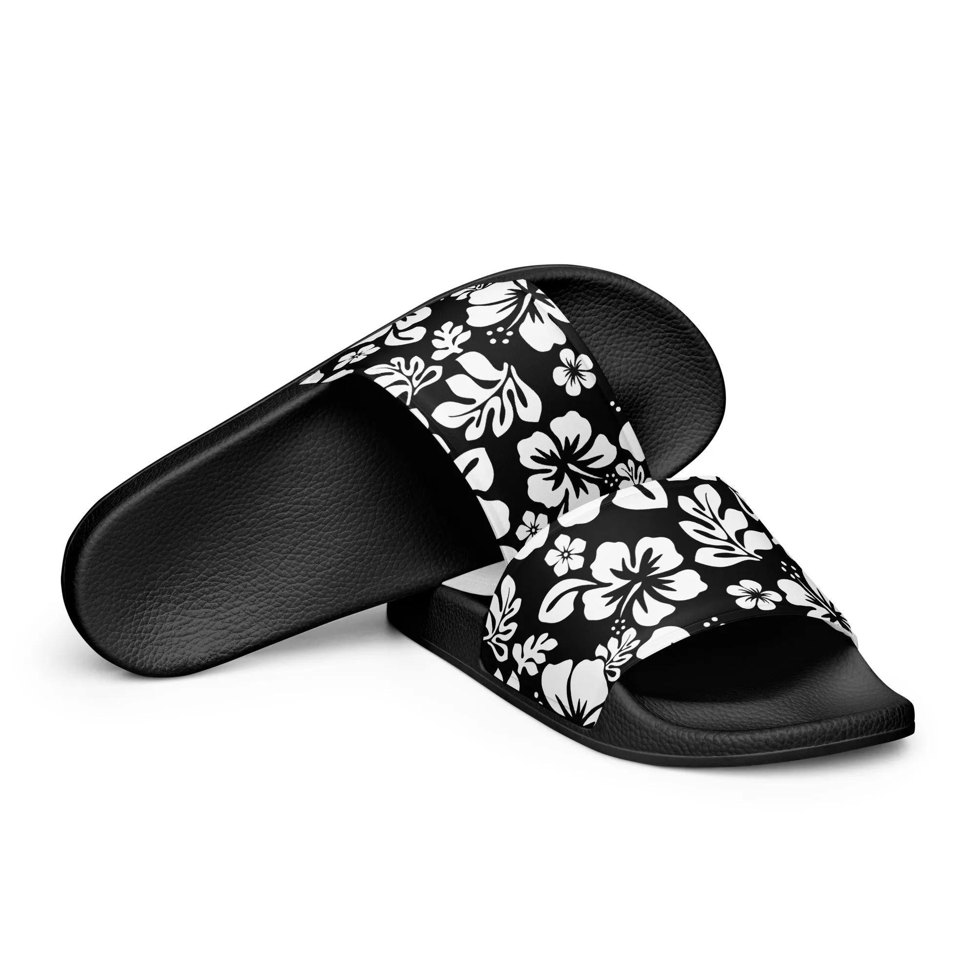 Black and White Hawaiian Flowers Men’s Slides Sandals