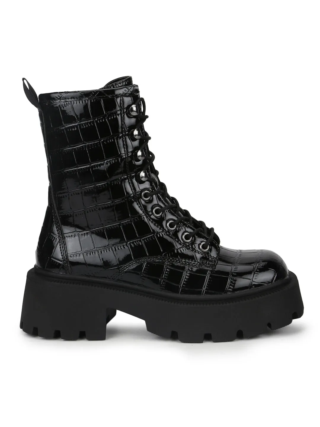 Black Croc Patent Lace Up Chunky Combat Boots