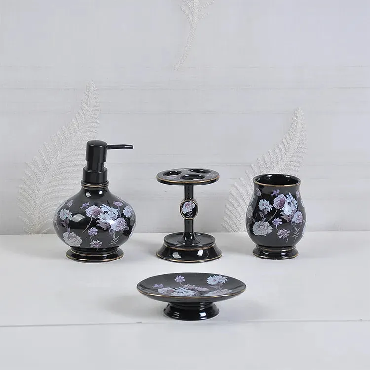 Black Floral Ceramic Bathroom Accessory Set