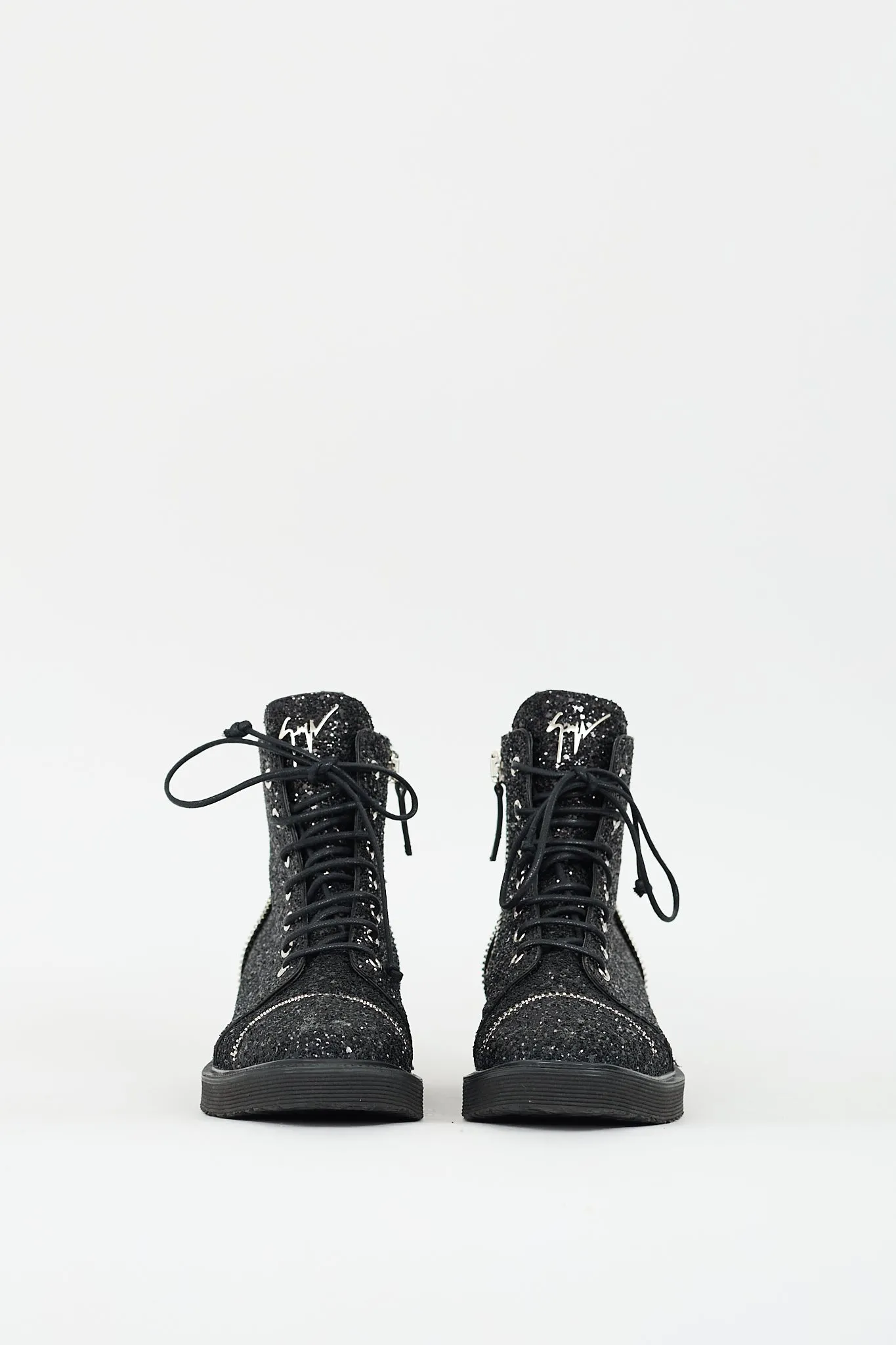 Black Glitter Zipper Combat Boot