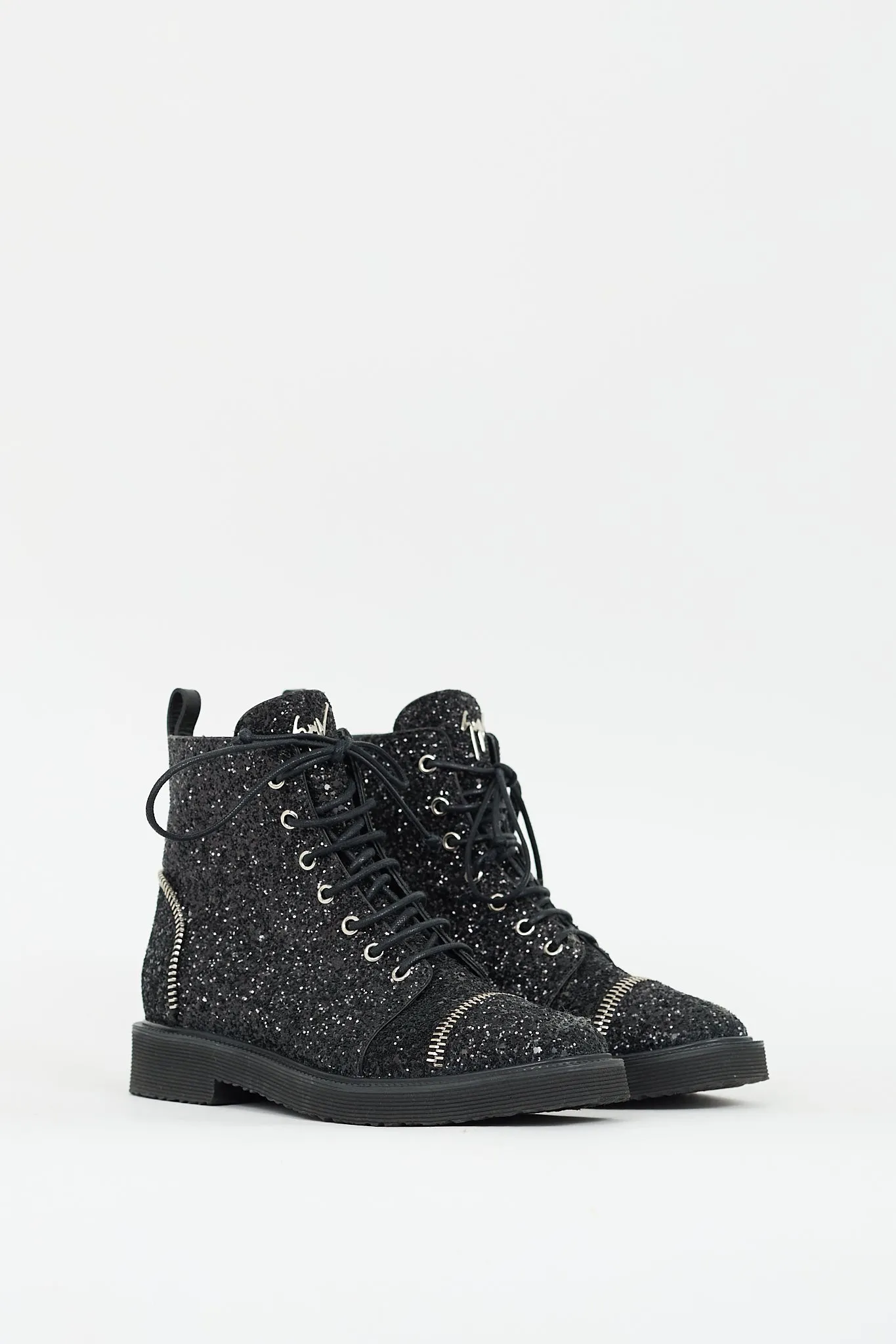 Black Glitter Zipper Combat Boot