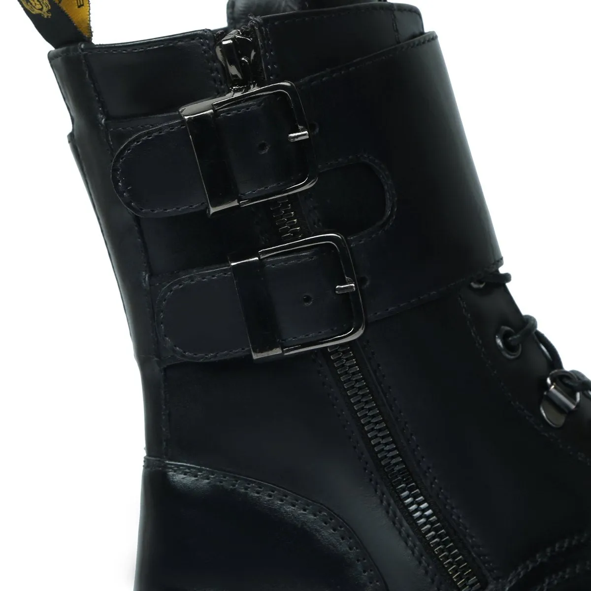 Black Leather Lace Up Ladies Boots Double Buckle Fastening Combat By Brune & Bareskin