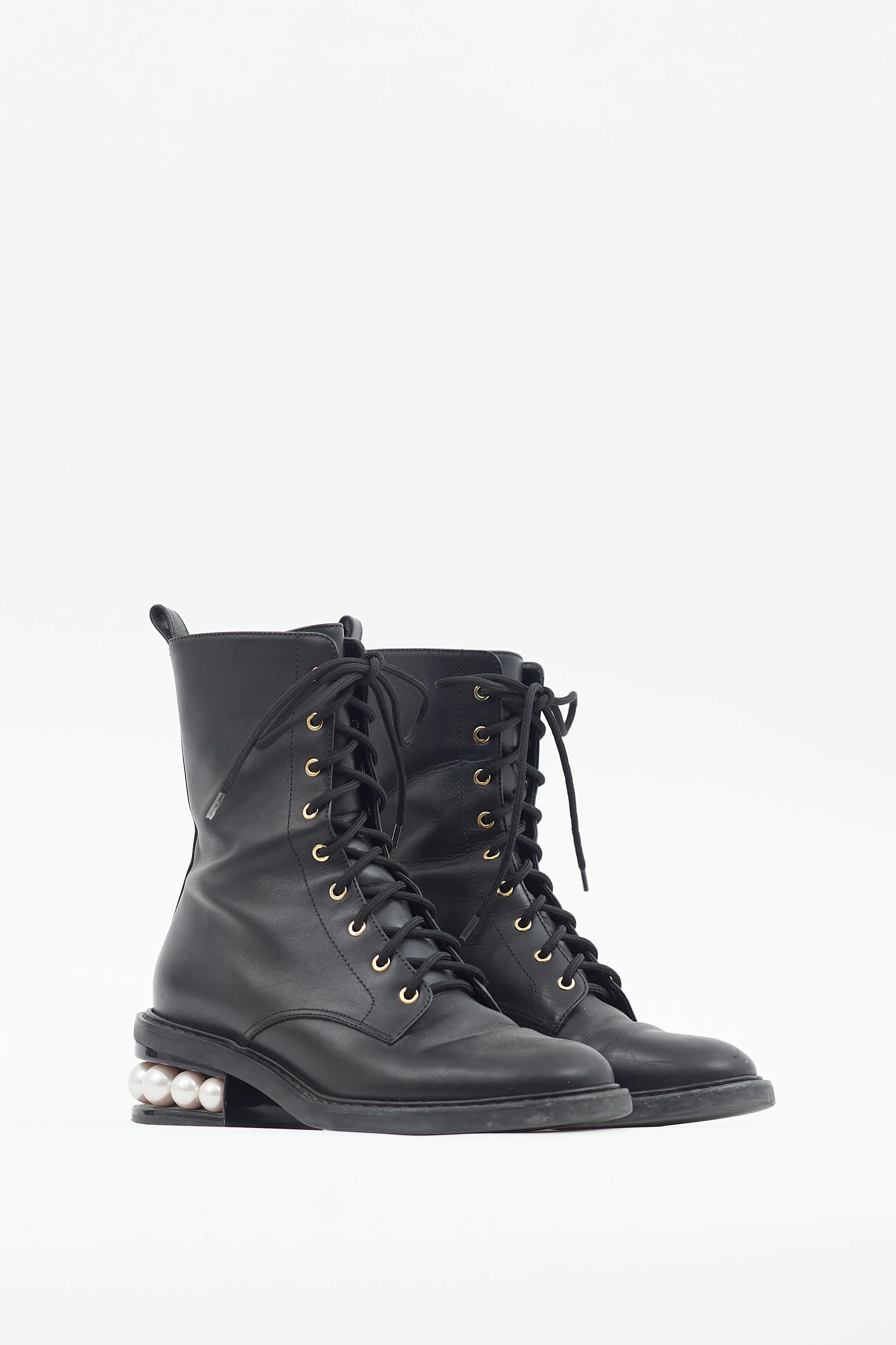 Black Leather Pearl Heel Combat Boot