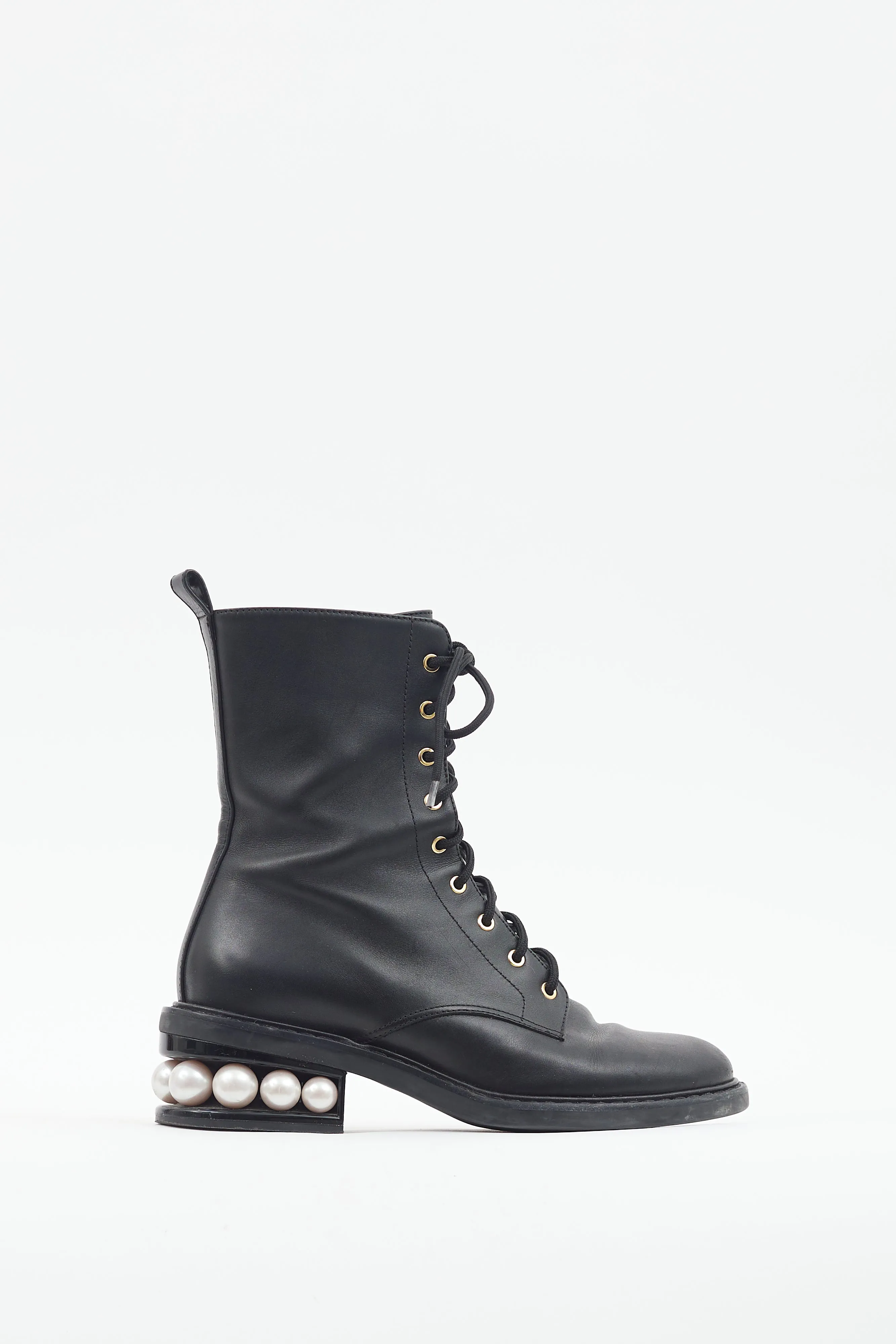 Black Leather Pearl Heel Combat Boot