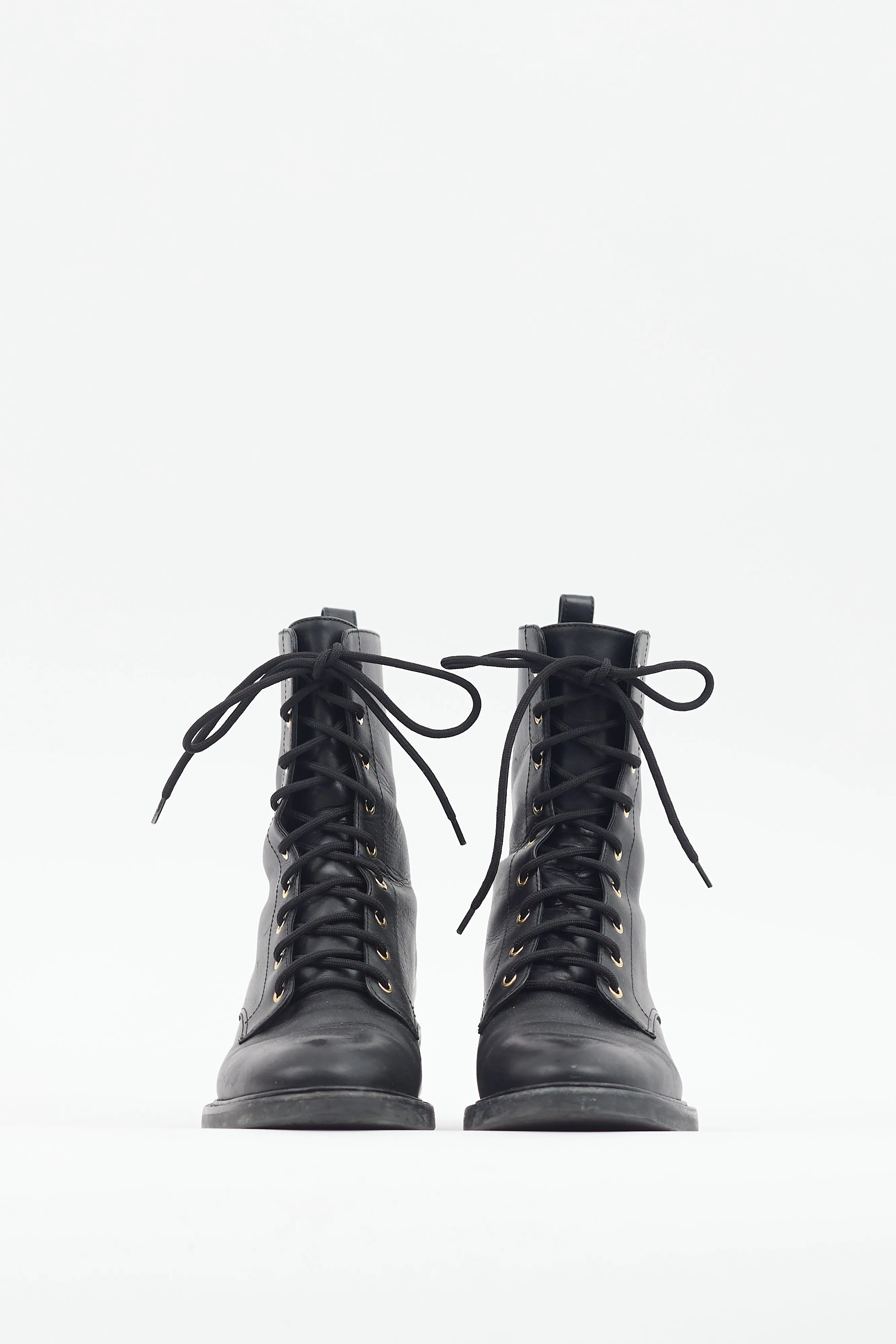 Black Leather Pearl Heel Combat Boot