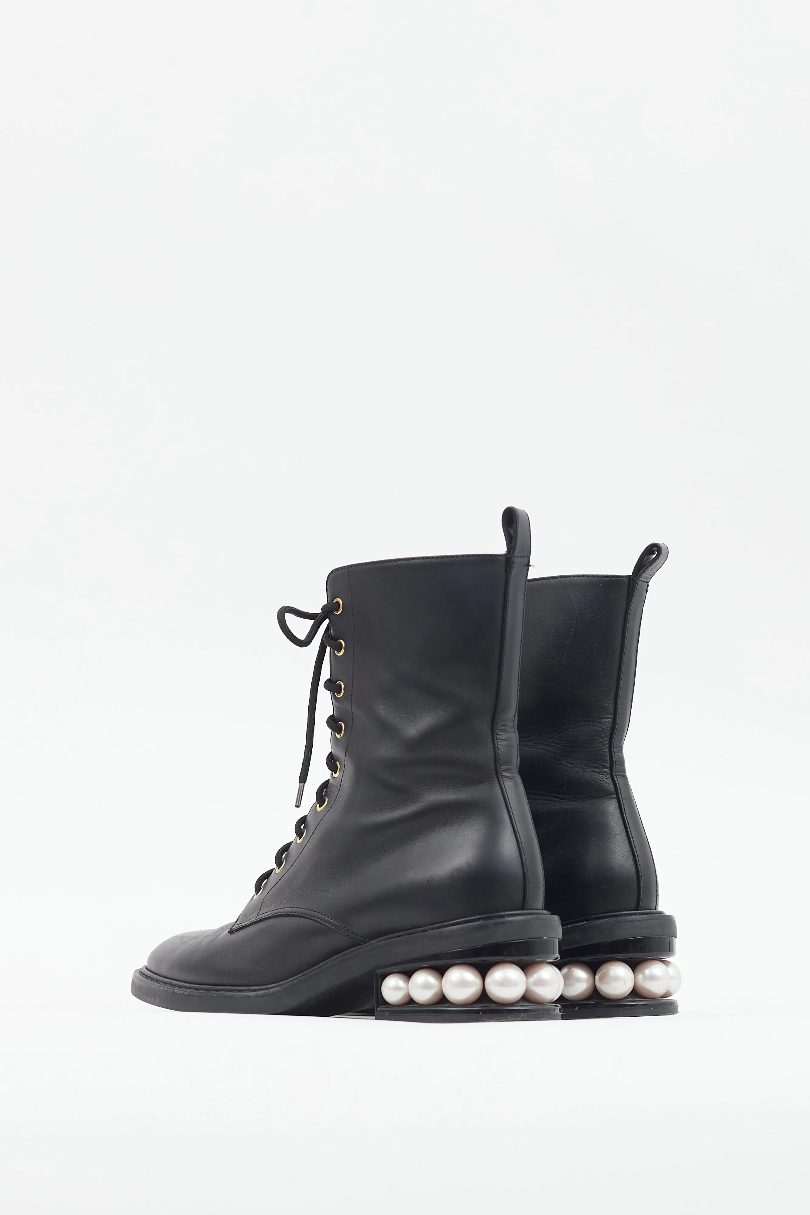 Black Leather Pearl Heel Combat Boot