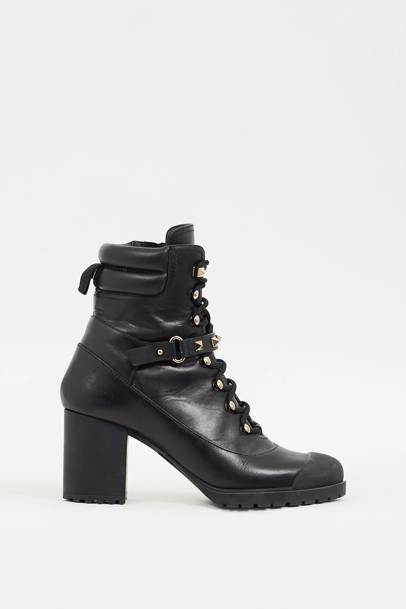 Black Leather Rockstud Heeled Combat Boot