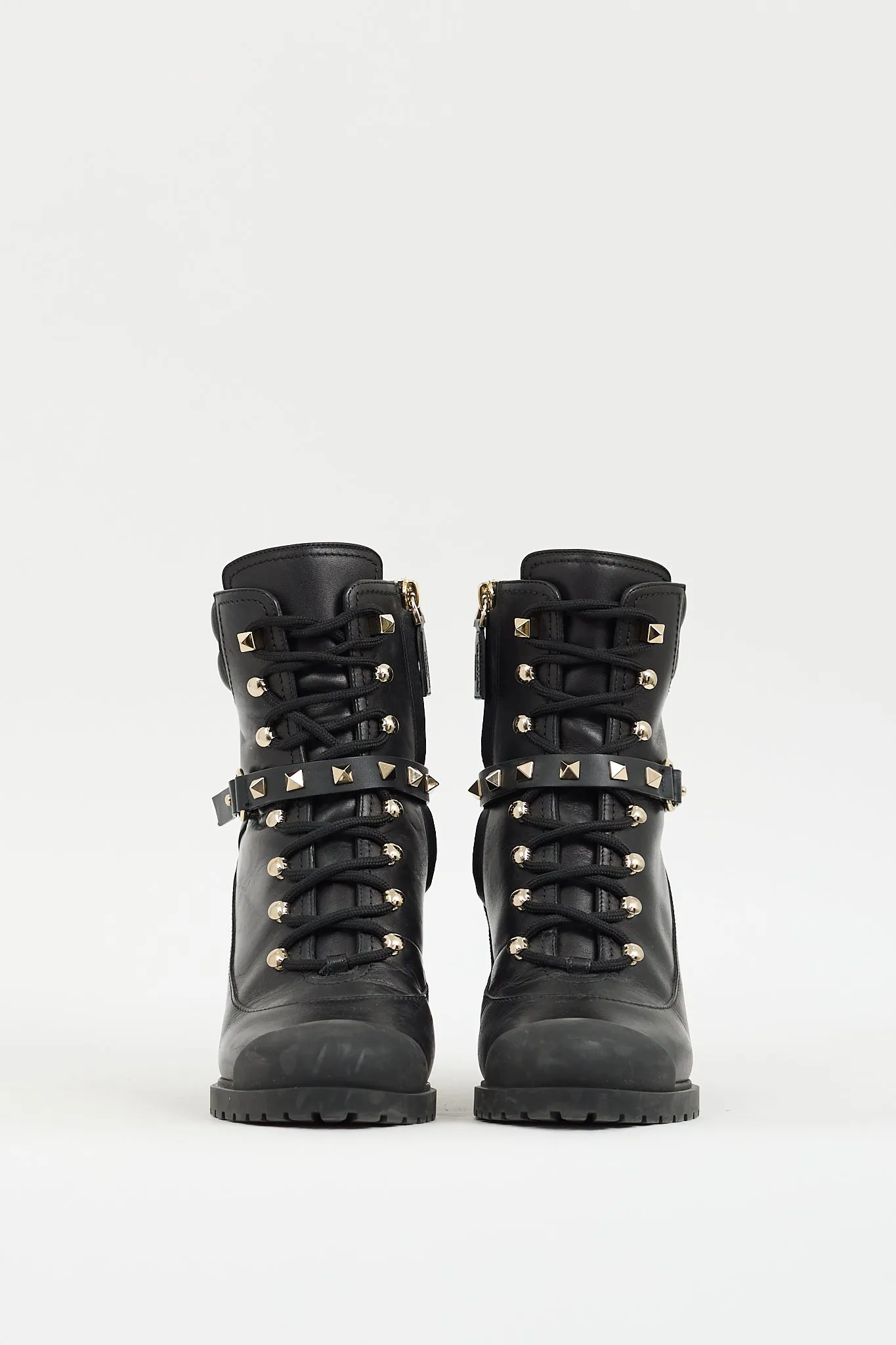 Black Leather Rockstud Heeled Combat Boot