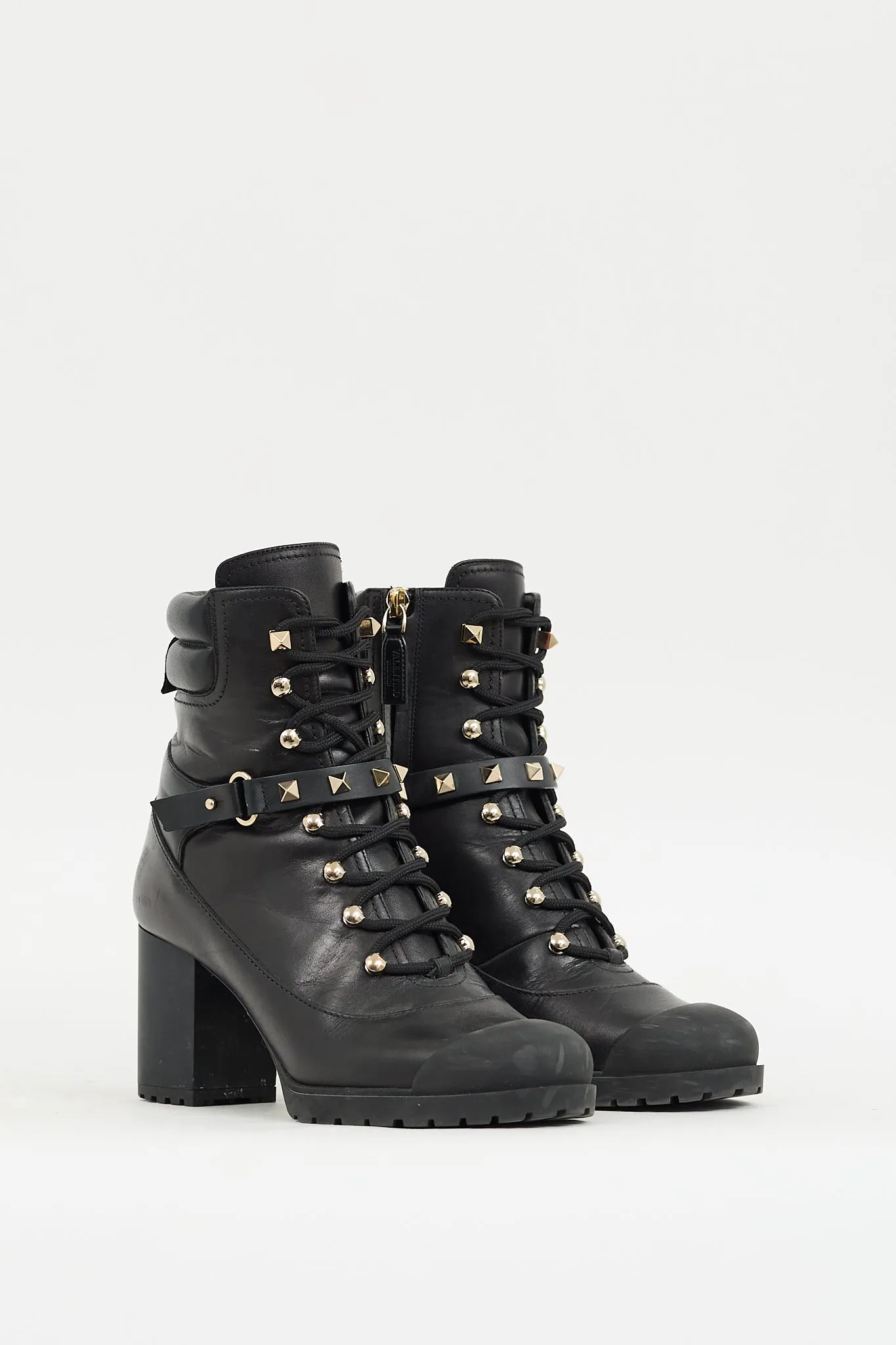 Black Leather Rockstud Heeled Combat Boot