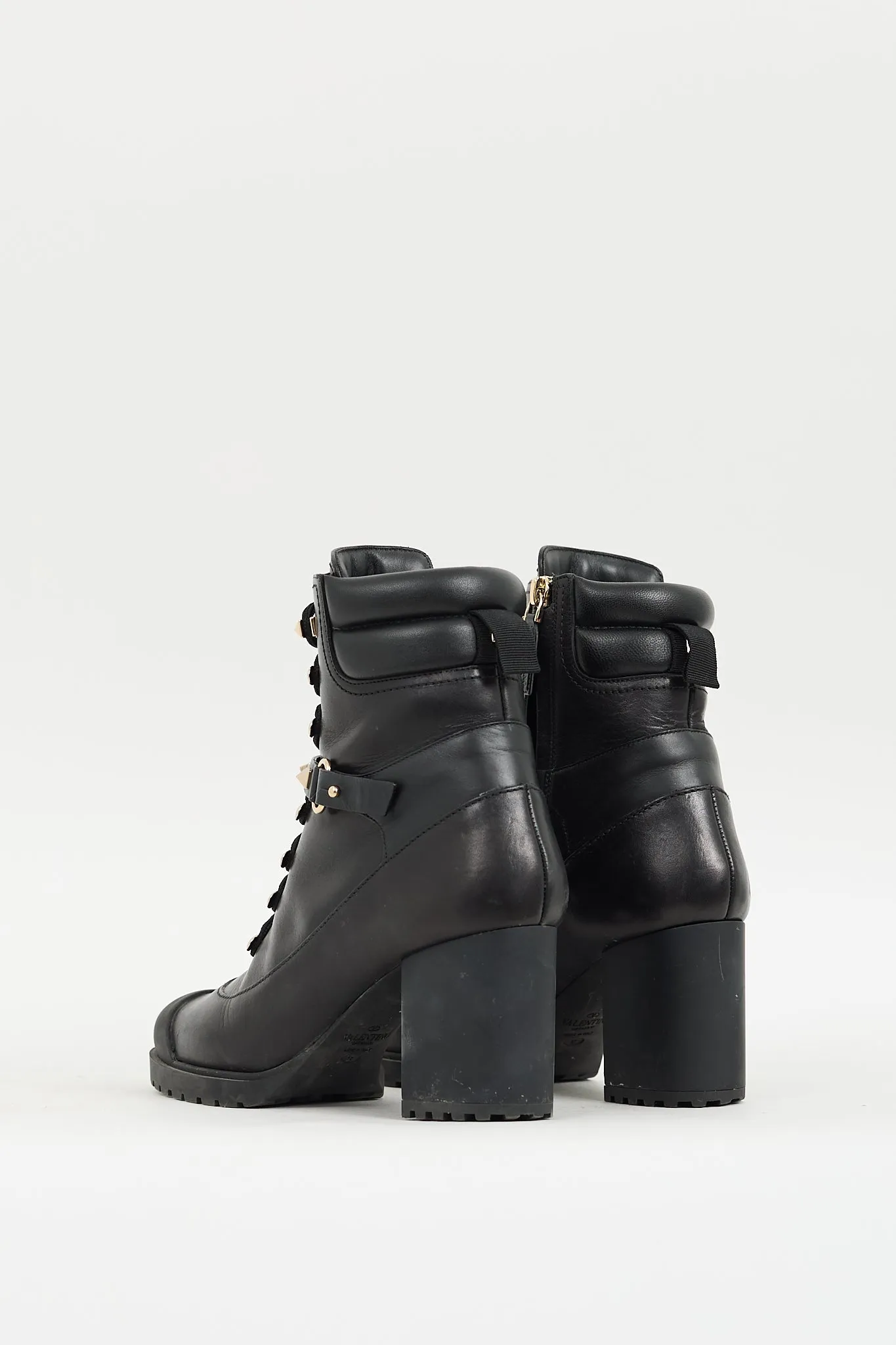 Black Leather Rockstud Heeled Combat Boot