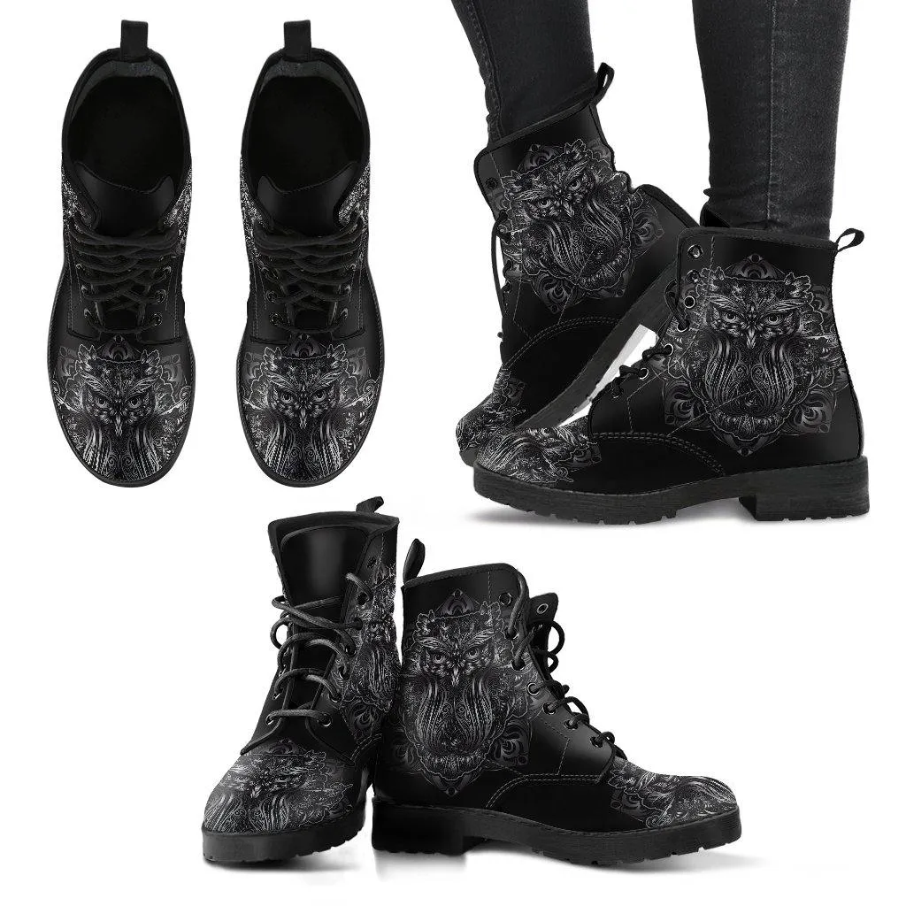 Black Owl  Memory Foam Boots | All Season Lace Up Boots | Vegan Leather Combat Boot by Manifestie