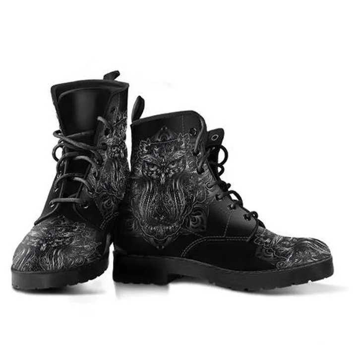 Black Owl  Memory Foam Boots | All Season Lace Up Boots | Vegan Leather Combat Boot by Manifestie