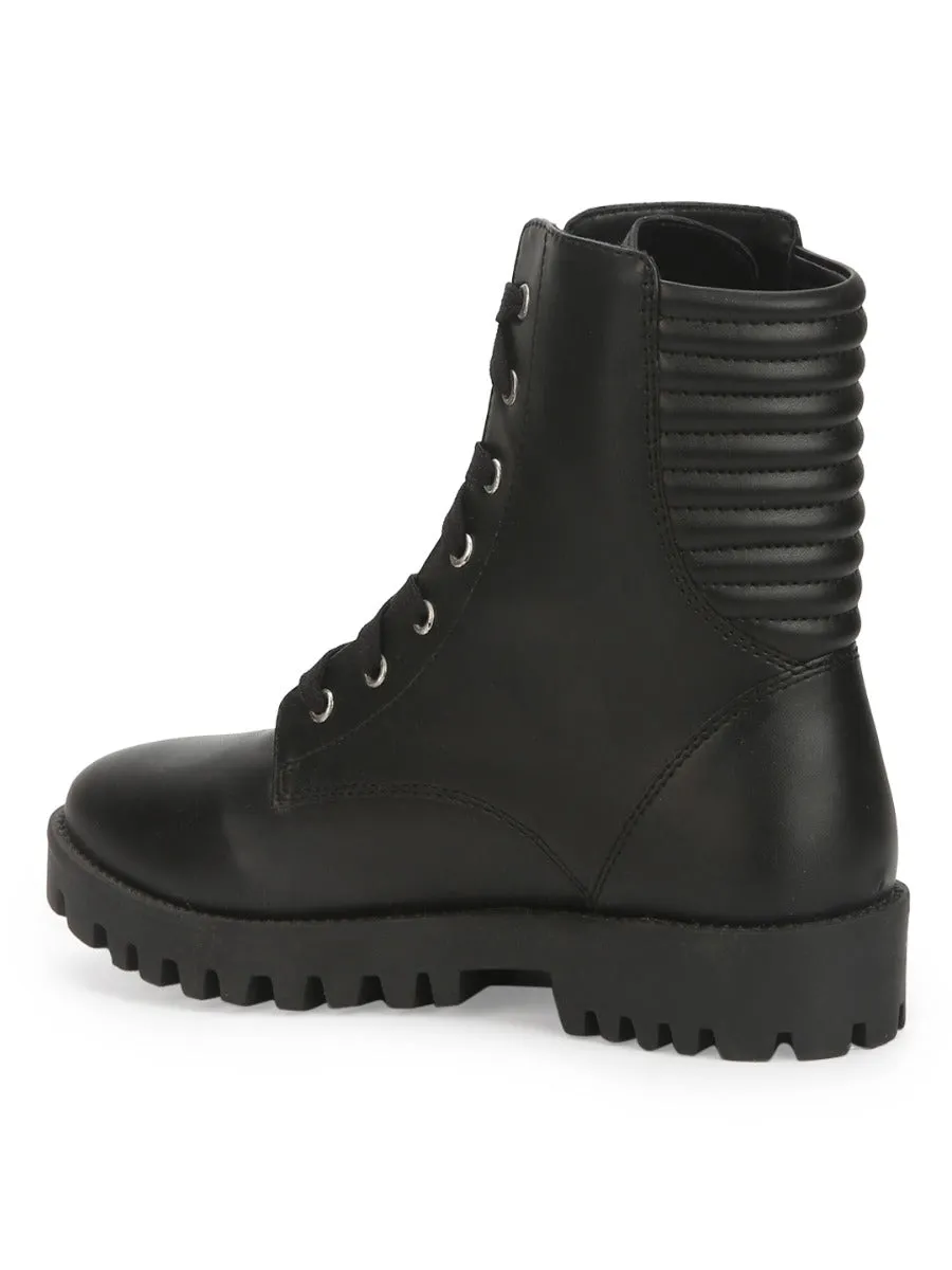 Black PU Lace Up Combat Ankle Boots