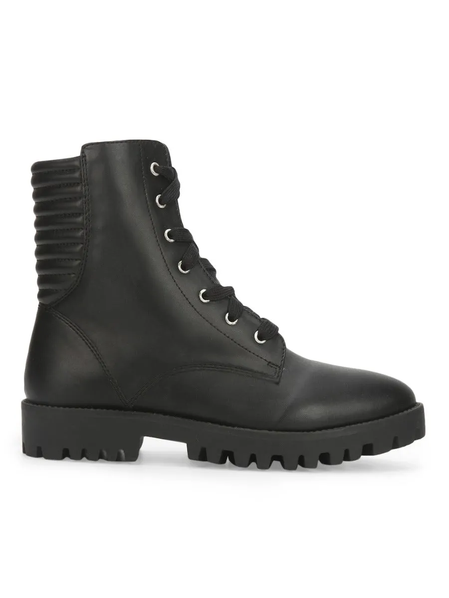 Black PU Lace Up Combat Ankle Boots