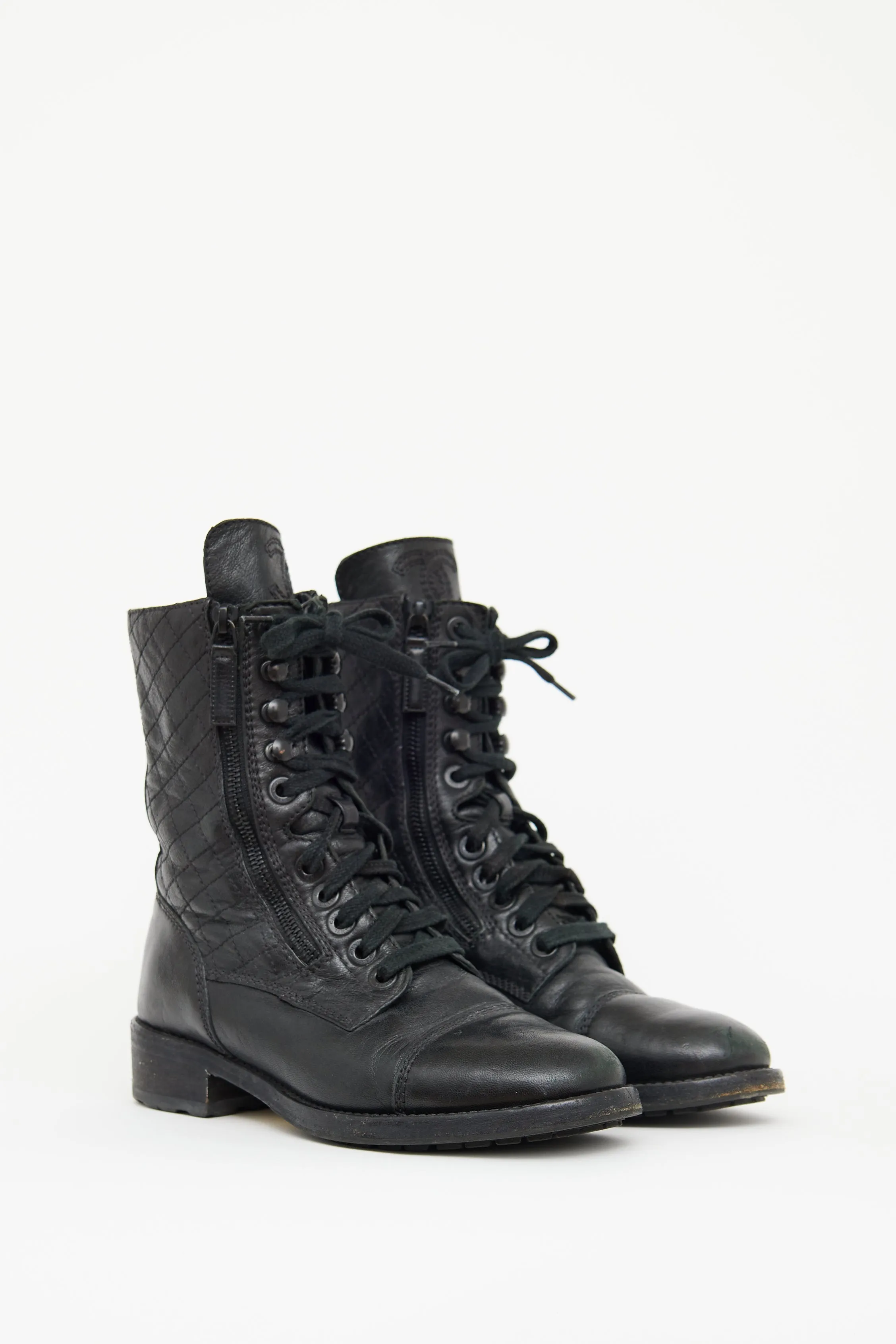 Black Quilted Laceup Combat Boot