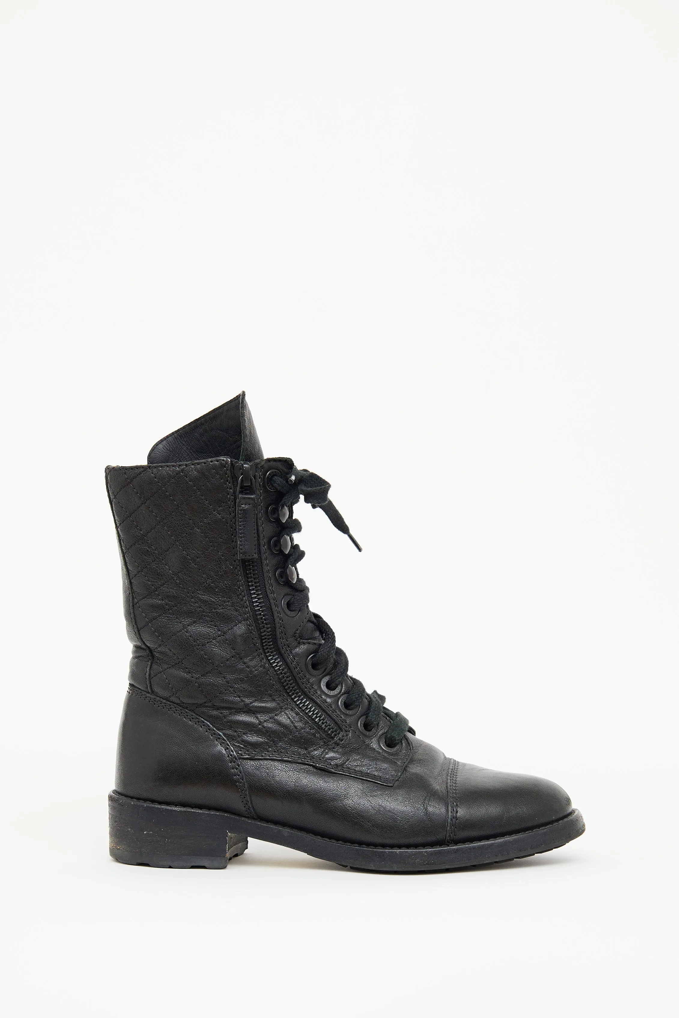 Black Quilted Laceup Combat Boot