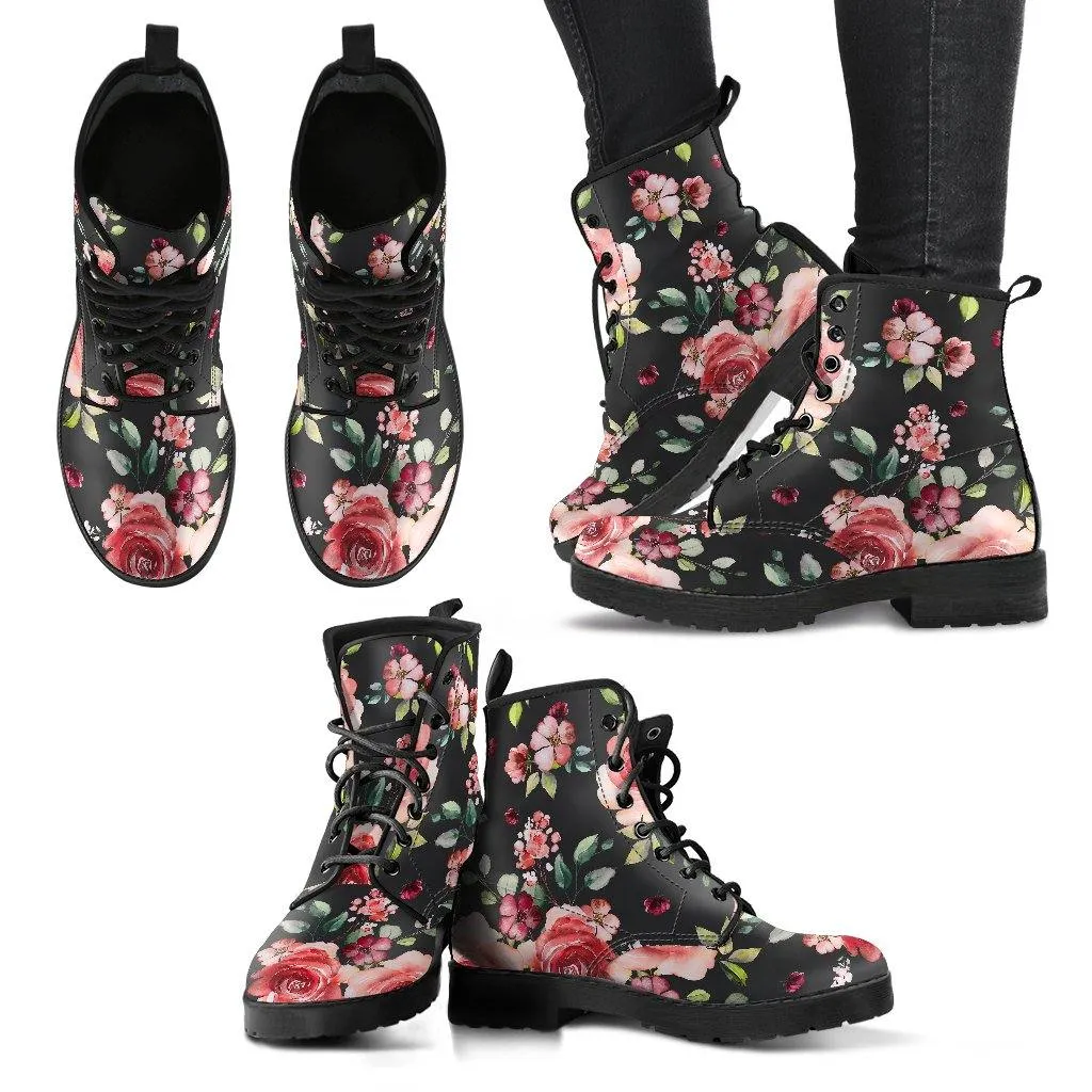 Black Rosebud  Memory Foam Boots | All Season Lace Up Boots | Vegan Leather Combat Boot by Manifestie