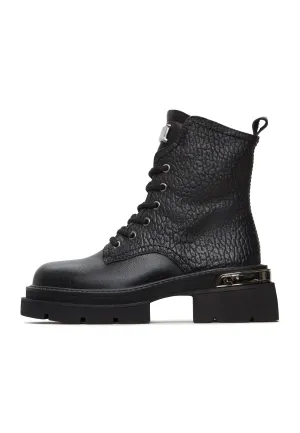 Black Textured Leather Combat Boots with Metal Accents