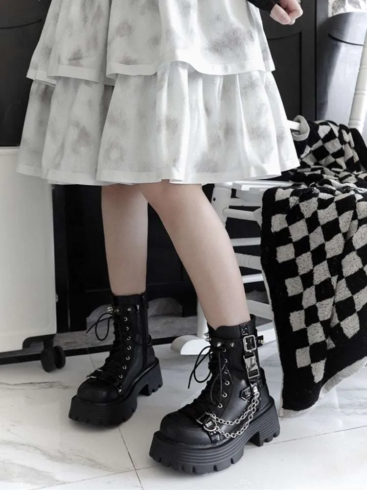 Bondora Silver Chains Black White Brown Plantform Combat Boots