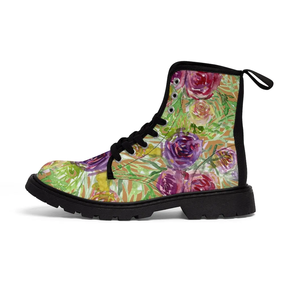 Brown Yellow Floral Women's Boots, Flower Print Vintage Style Hiking Combat Boots For Ladies