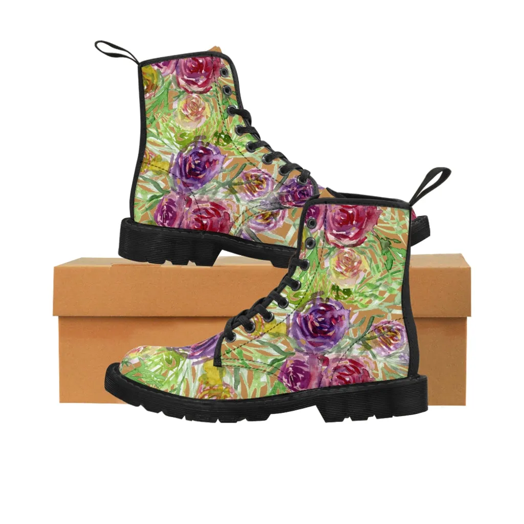 Brown Yellow Floral Women's Boots, Flower Print Vintage Style Hiking Combat Boots For Ladies